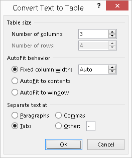 Word - Convert Text to Table Options