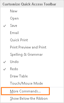 Microsoft Word Quick Access Toolbar Customize Options List