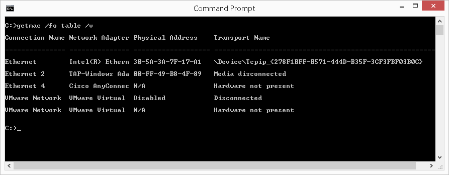 getmac table format