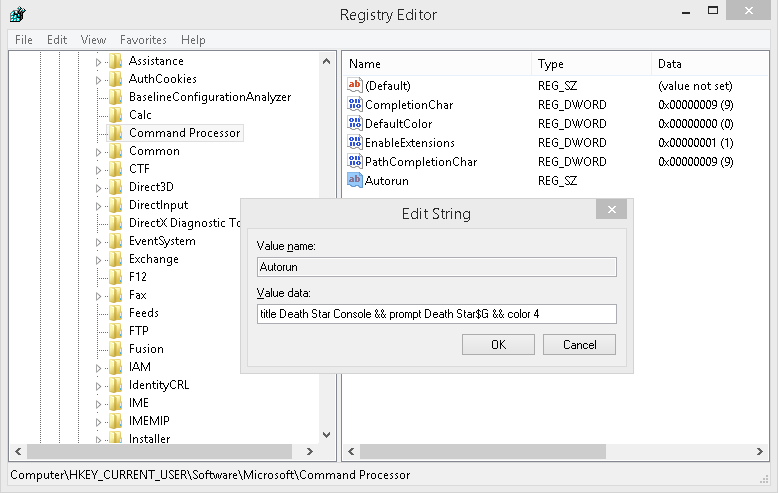 Registry Edit - Command Processor - Autorun Example
