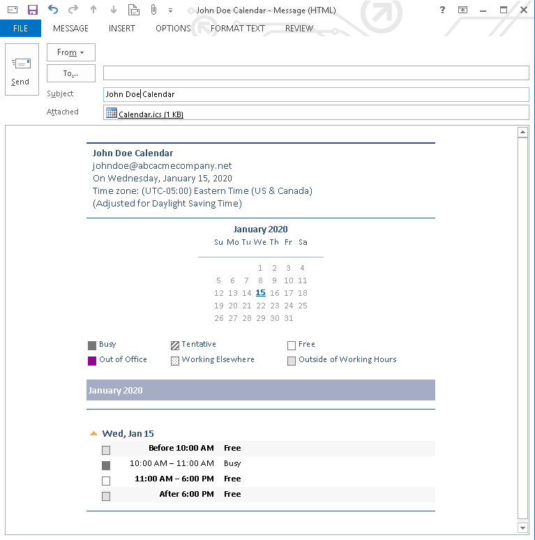 Outlook - Inserted Calendar Example