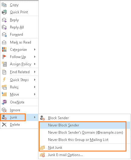 Outlook - Junk - Never Block