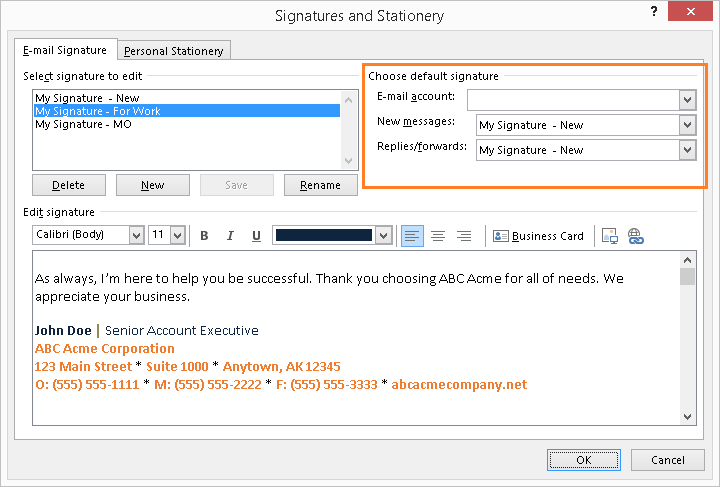 Outlook Signature Defaults