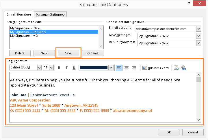 Outlook Signature Panel