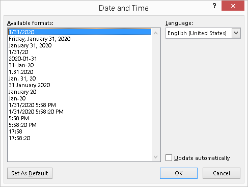 Microsoft Word - Date & Time Dialog Box