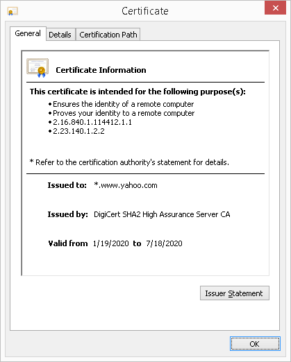 Website security certificate dialog box