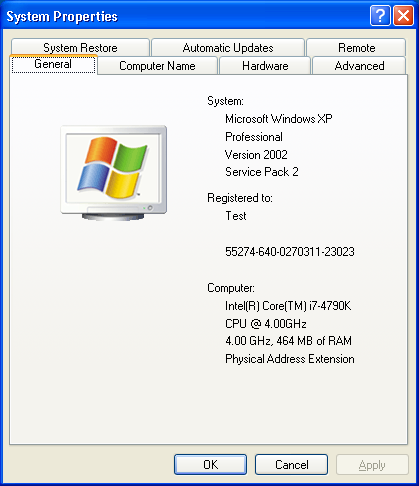 Windows XP - System Properties - General Tab